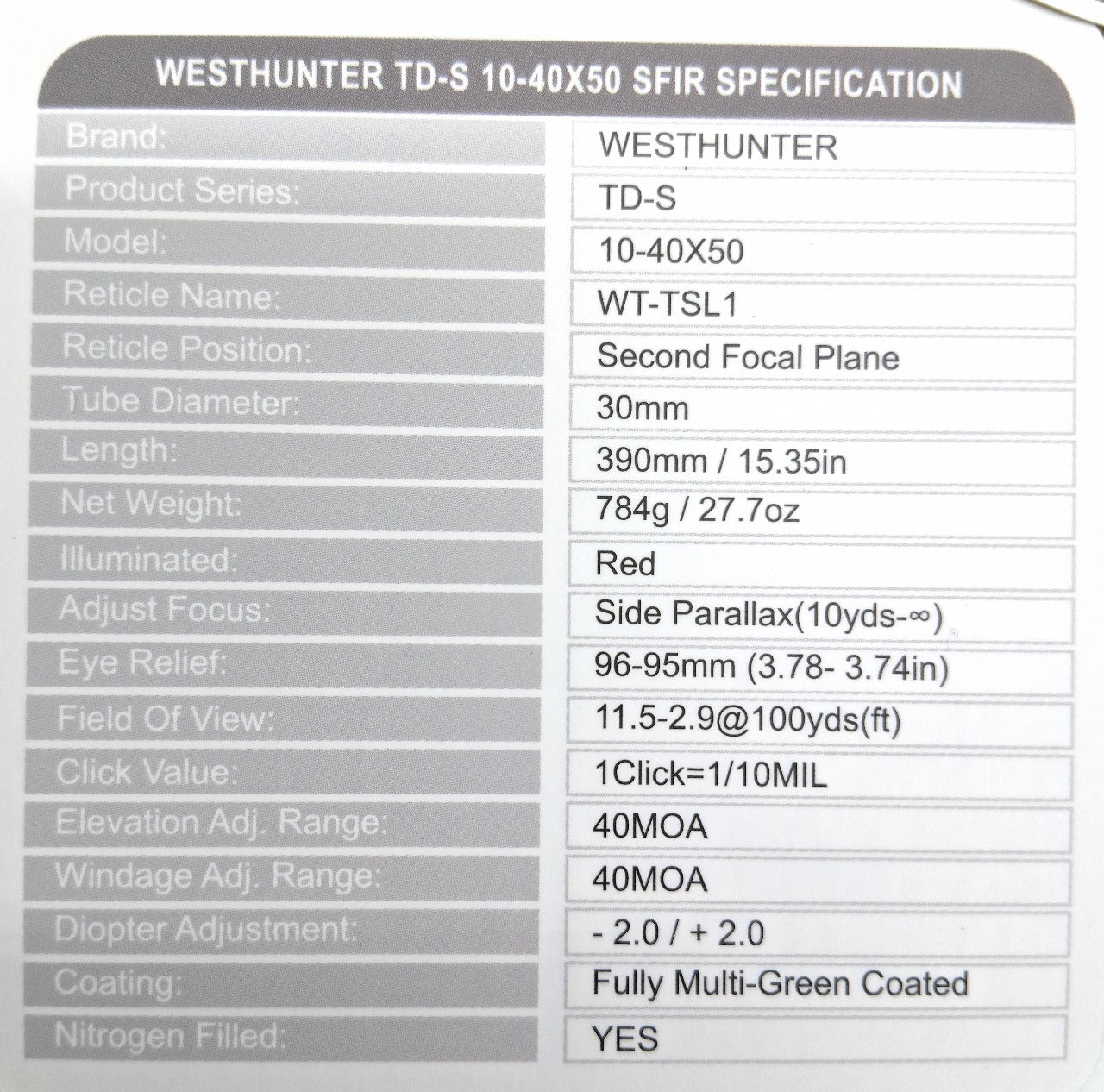Mira Telescópica Westhunter TD-S 10-40x50 SFIR