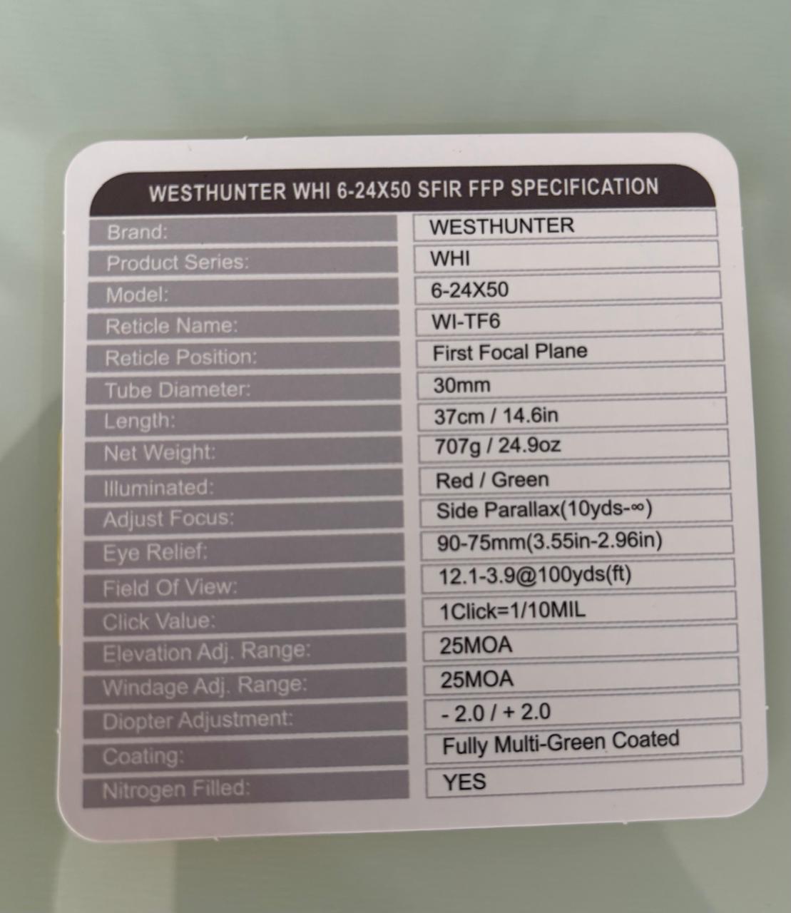 Mira Telescópica Westhunter WHI 6-24x50 SFIR FFP