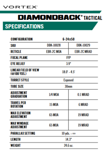 Mira Telescópica Vortex Diamondback Tactical 6-24x50 FFP MRAD