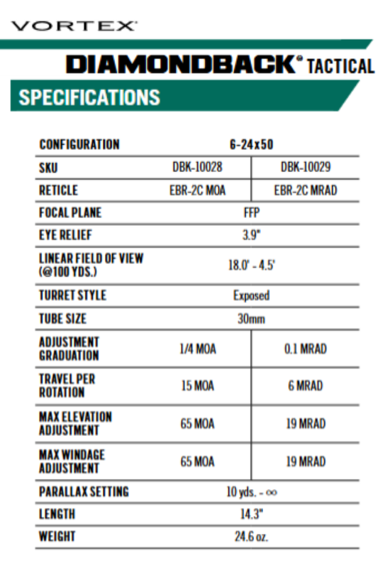 Mira Telescópica Vortex Diamondback Tactical 6-24x50 FFP MRAD