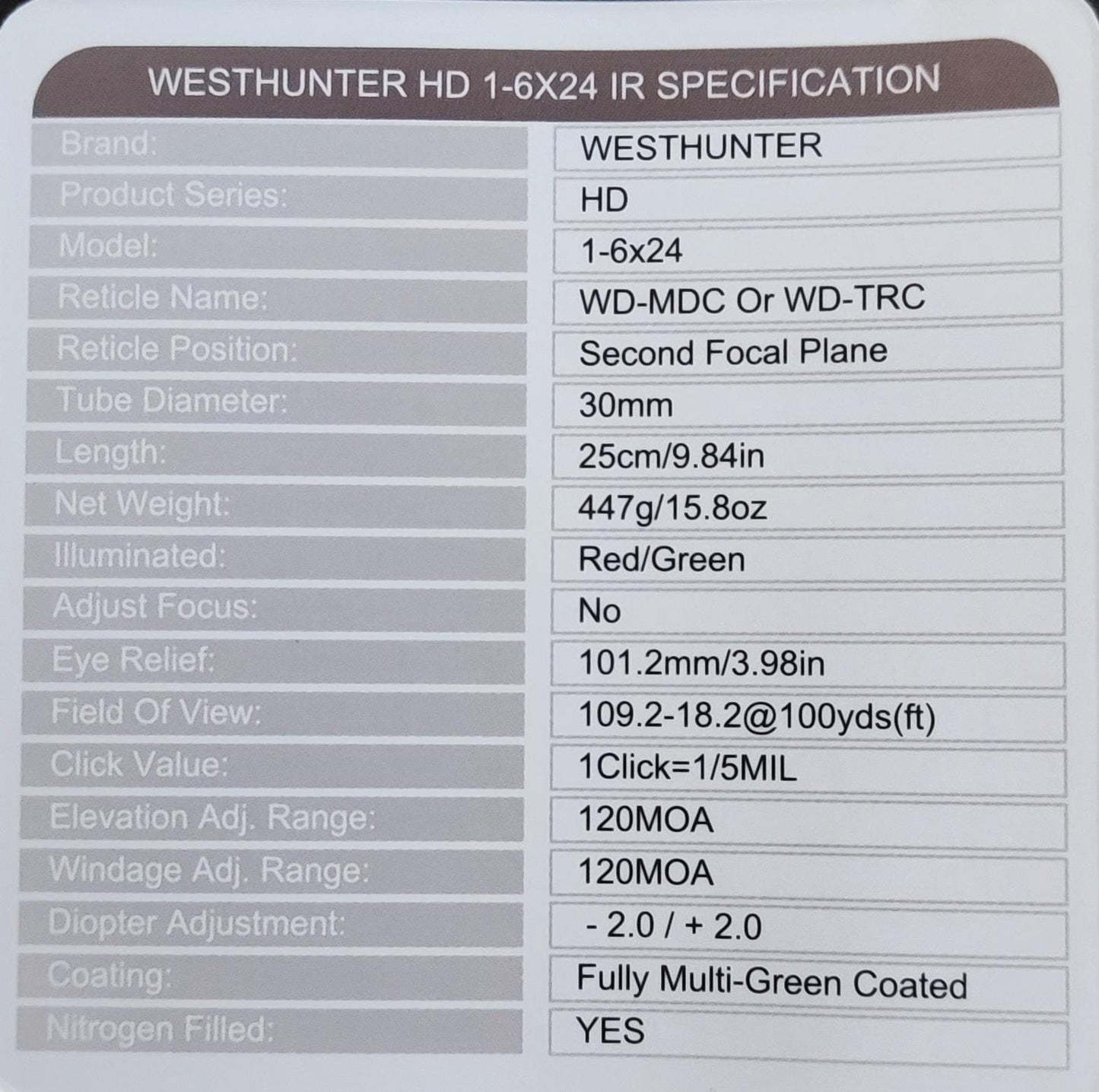 Mira Telescópica Westhunter HD 1-6x24 IR