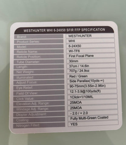 Mira Telescópica Westhunter WHI 6-24x50 SFIR FFP
